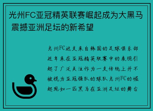 光州FC亚冠精英联赛崛起成为大黑马 震撼亚洲足坛的新希望