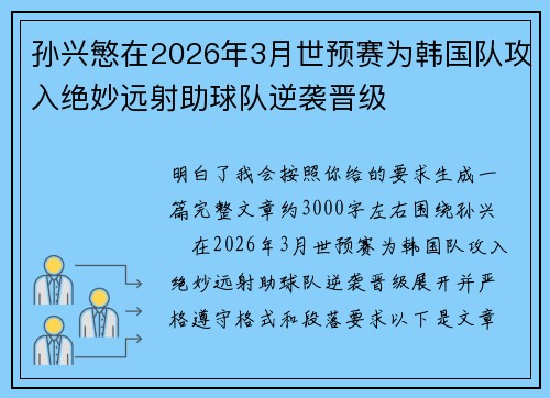 孙兴慜在2026年3月世预赛为韩国队攻入绝妙远射助球队逆袭晋级
